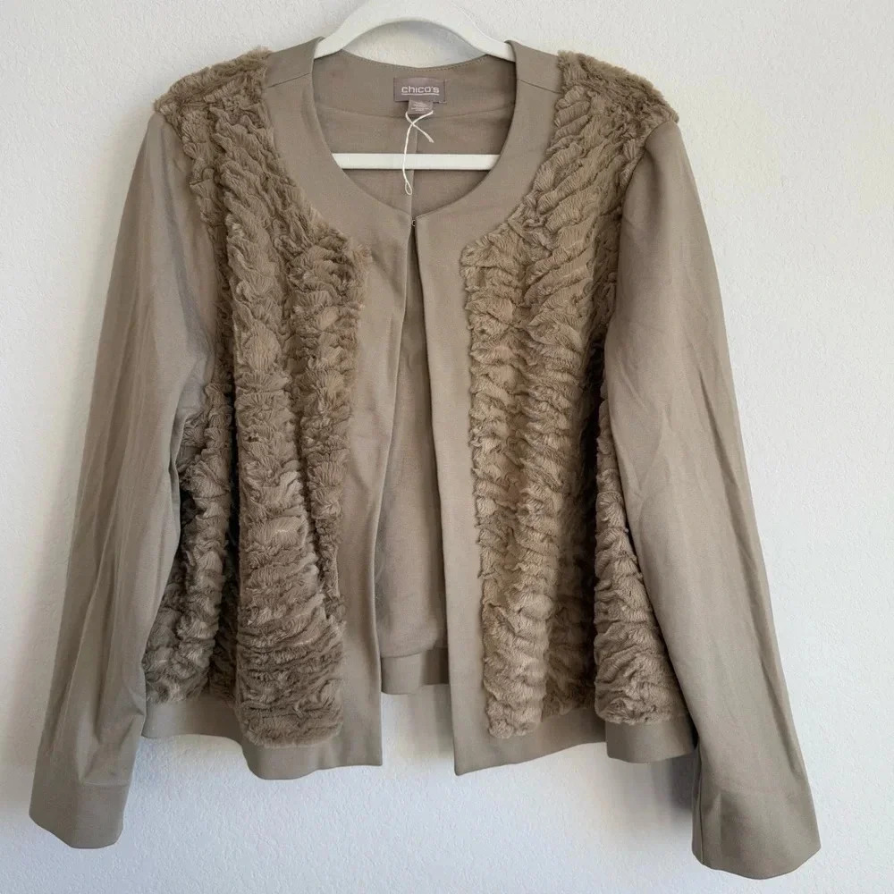 Chico’s Women Faux Fur Ponte Taupe Tan Jacket Cardigan Paneled Solid Size 3 NWOT